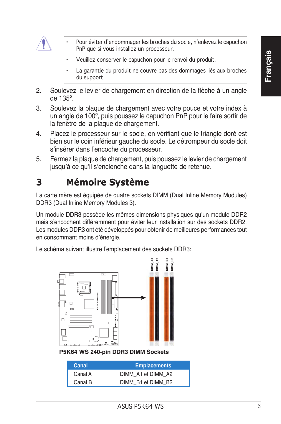 3mémoire s�stème mémoire s�stème, Français | Asus P5K64 WS User Manual | Page 3 / 37