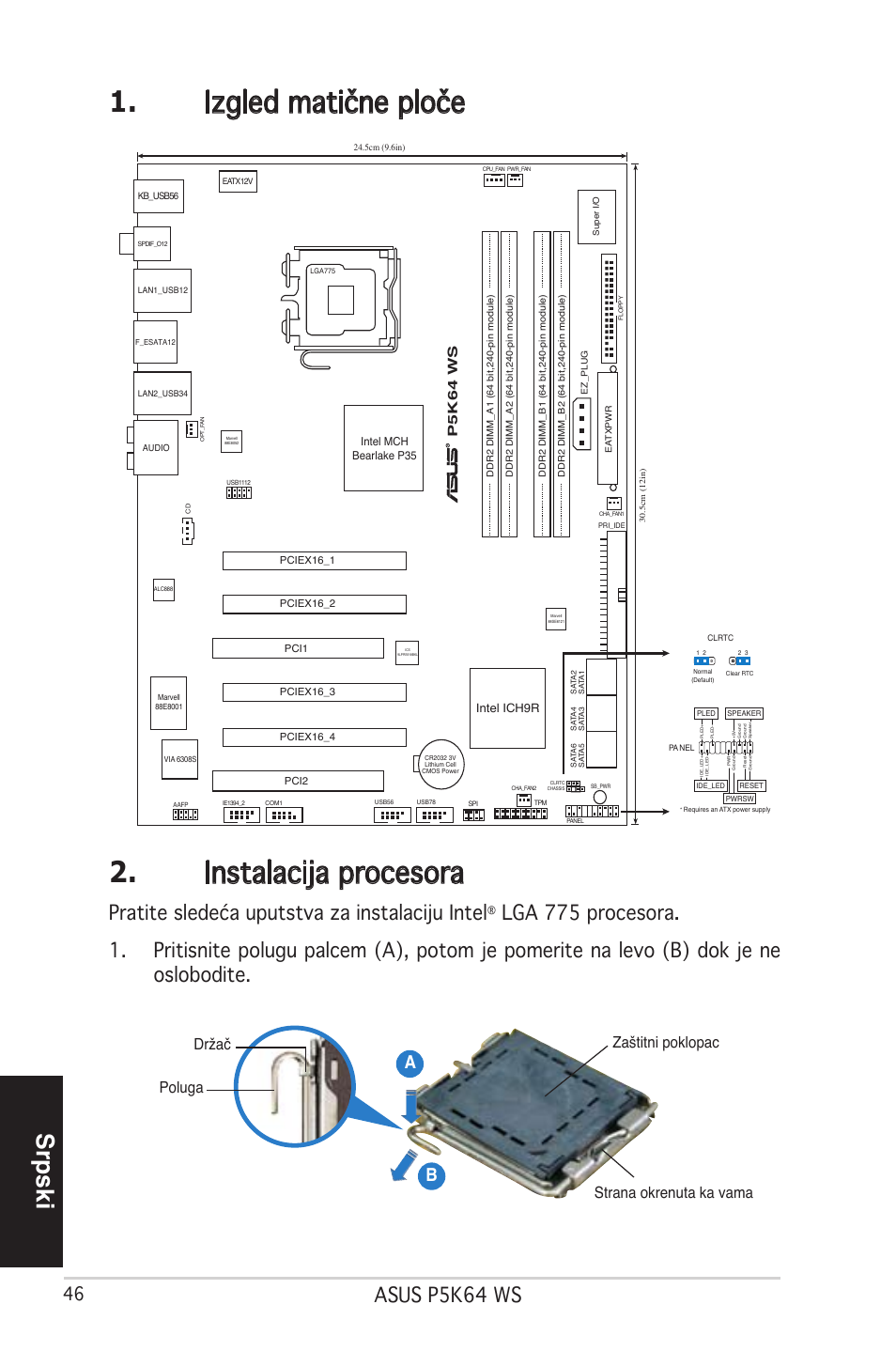 Izgled matične ploče 2. instalacija procesora, Srpski, Asus p5k64 ws | Pratite sledeća uputstva za instalaciju intel, Ab b, P5k64 ws | Asus P5K64 WS User Manual | Page 34 / 37