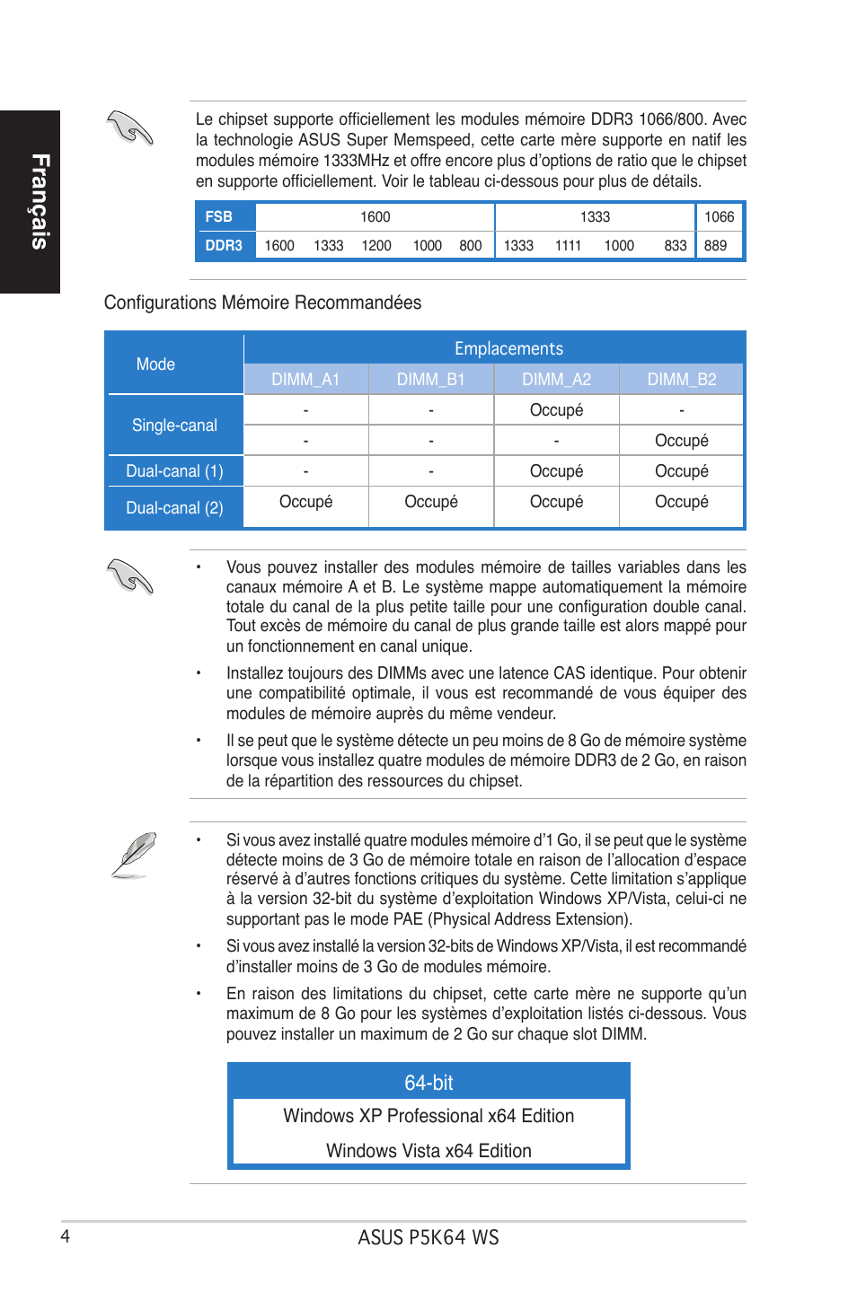 Français | Asus P5K64 WS User Manual | Page 4 / 37