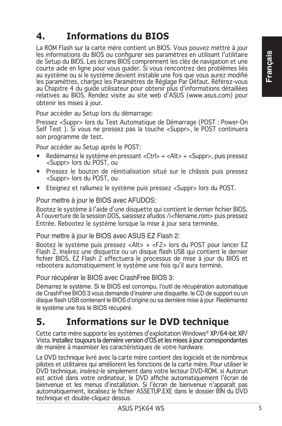 Informations du bios, Informations sur le dvd technique, Français | Asus P5K64 WS User Manual | Page 5 / 37