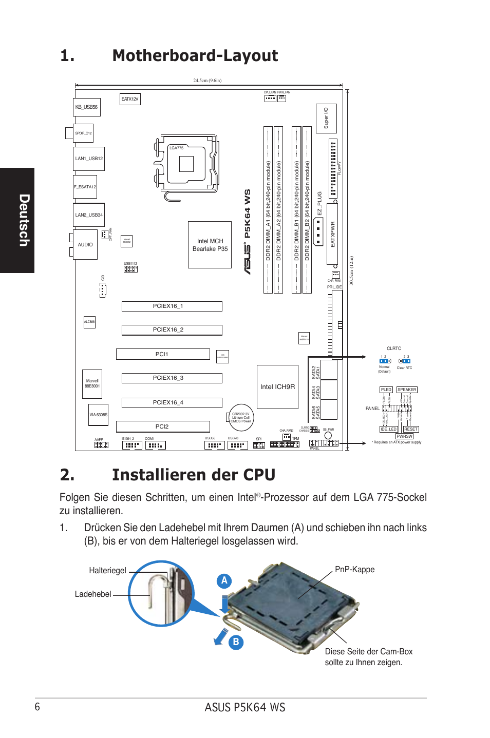 Motherboard-layout 2. installieren der cpu, Deutsch, Asus p5k4 ws | Folgen sie diesen schritten, um einen intel, Ab b, P5k64 ws | Asus P5K64 WS User Manual | Page 6 / 37