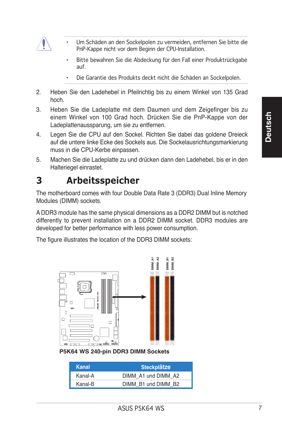 3arbeitsspeicher, Deutsch | Asus P5K64 WS User Manual | Page 7 / 37