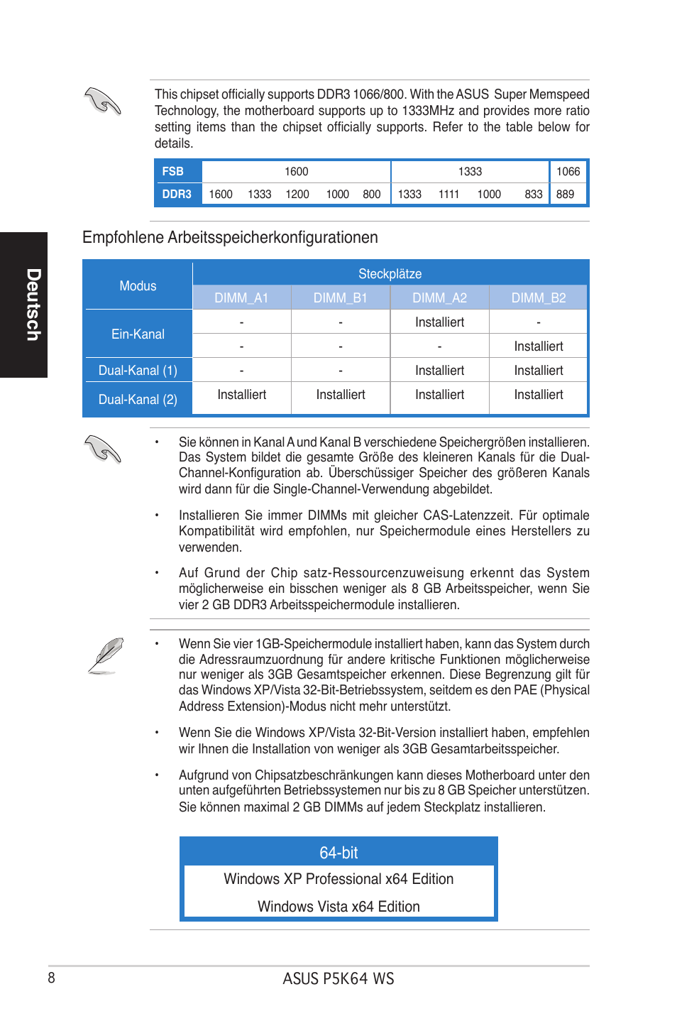 Deutsch, Empfohlene arbeitsspeicherkonfigurationen | Asus P5K64 WS User Manual | Page 8 / 37