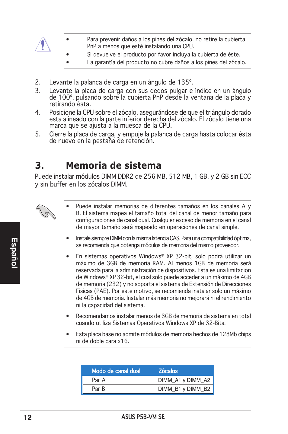 Español | Asus P5B-VM SE User Manual | Page 12 / 38