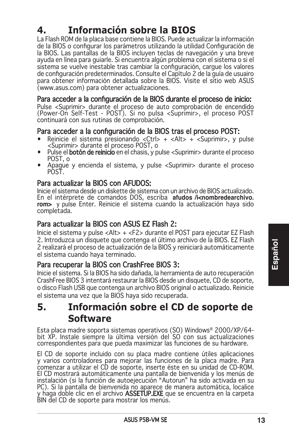 Información sobre la bios, Información sobre el cd de soporte de software, Español | Asus P5B-VM SE User Manual | Page 13 / 38