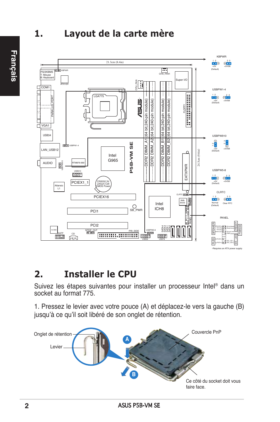 Installer le cpu, Layout de la carte mère, Français | Asus p5b-vm se, Intel g965 intel ich8, P5b-vm se | Asus P5B-VM SE User Manual | Page 2 / 38