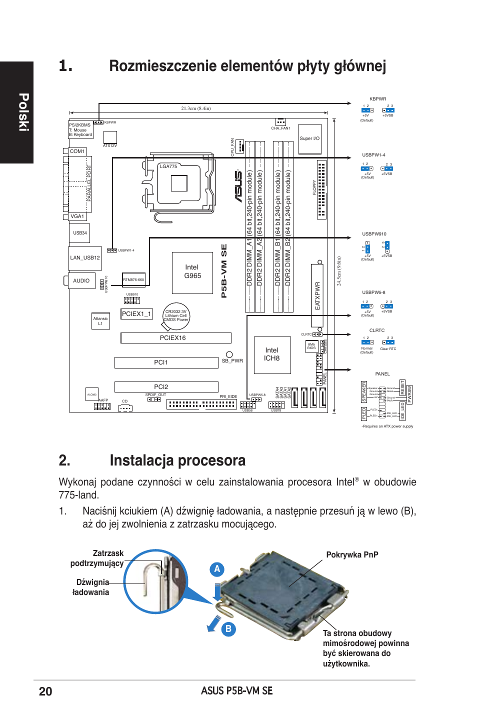 Rozmieszczenie elementów płyty głównej, Instalacja procesora, Polski | Asus p5b-vm se, Intel g965 intel ich8, P5b-vm se | Asus P5B-VM SE User Manual | Page 20 / 38