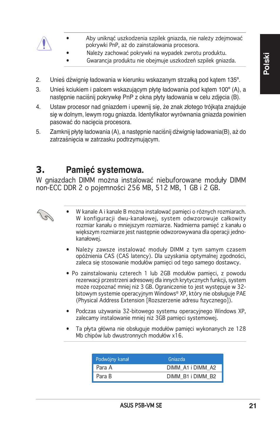Pamięć systemowa, Polski | Asus P5B-VM SE User Manual | Page 21 / 38