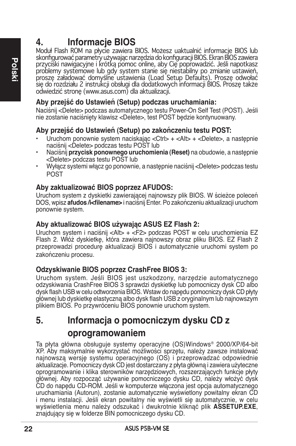 Informacje bios, Polski | Asus P5B-VM SE User Manual | Page 22 / 38