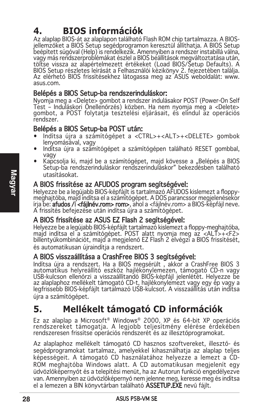 Bios információk, Mellékelt támogató cd információk, Magyar | Asus P5B-VM SE User Manual | Page 28 / 38