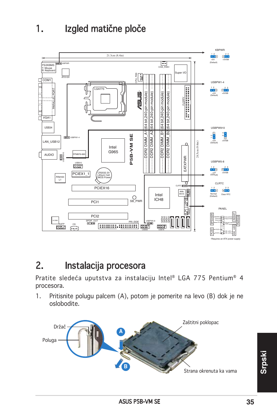 Izgled matične ploče, Instalacija procesora, Srpski | Pratite sledeća uputstva za instalaciju intel, Lga 775 pentium, Asus p5b-vm se, Intel g965 intel ich8, P5b-vm se | Asus P5B-VM SE User Manual | Page 35 / 38