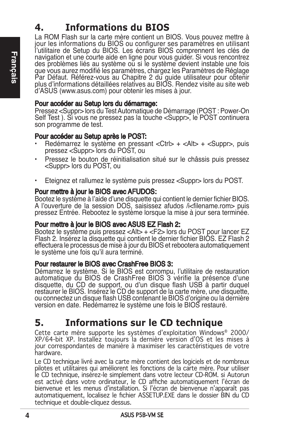 Informations du bios, Informations sur le cd technique | Asus P5B-VM SE User Manual | Page 4 / 38