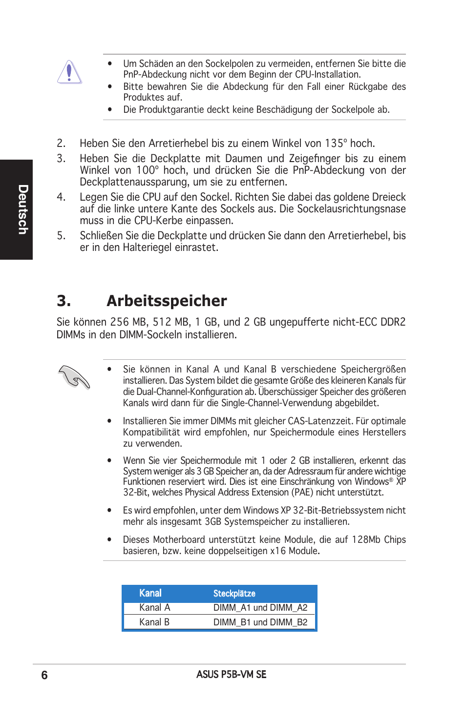 Arbeitsspeicher, Deutsch | Asus P5B-VM SE User Manual | Page 6 / 38