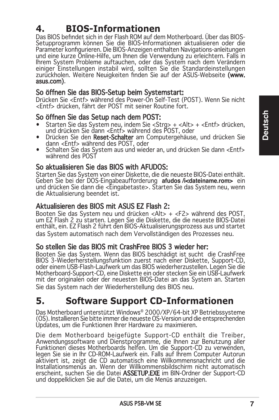 Bios-informationen, Software support cd-informationen, Deutsch | Asus P5B-VM SE User Manual | Page 7 / 38