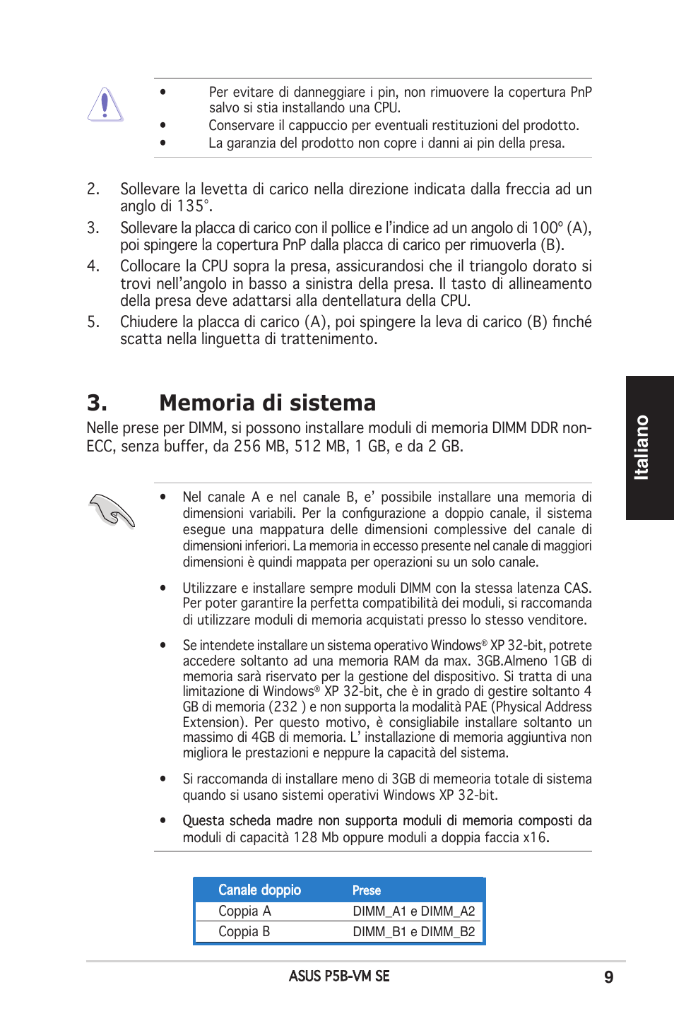 Italiano | Asus P5B-VM SE User Manual | Page 9 / 38
