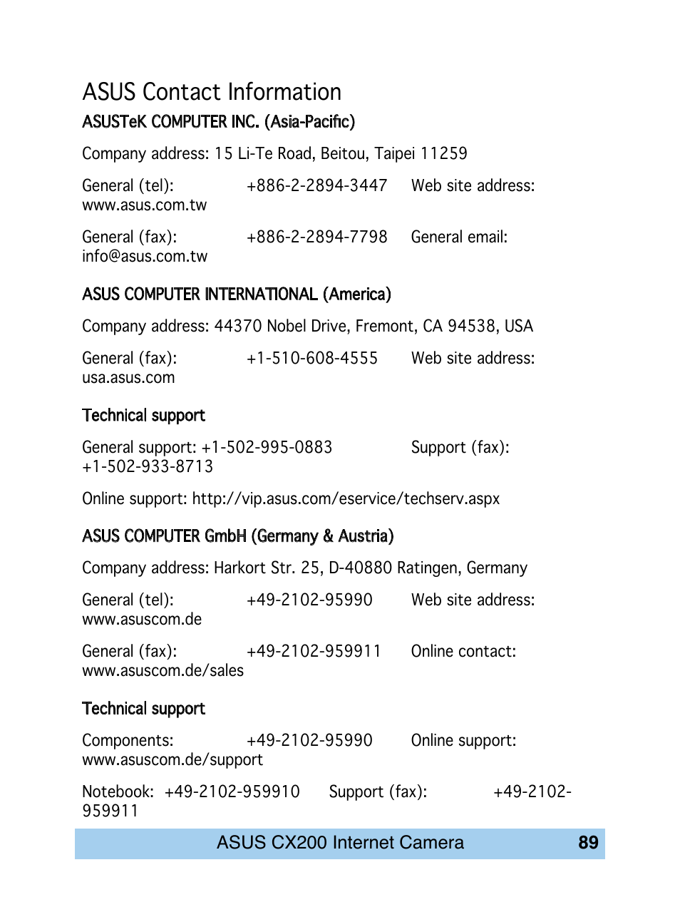 Asus contact information | Asus CX200 User Manual | Page 93 / 94
