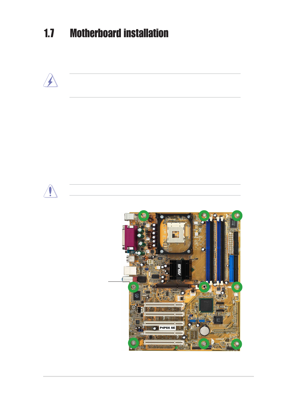 7 motherboard installation, 1 placement direction, 2 screw holes | Asus P4P8X SE User Manual | Page 21 / 78