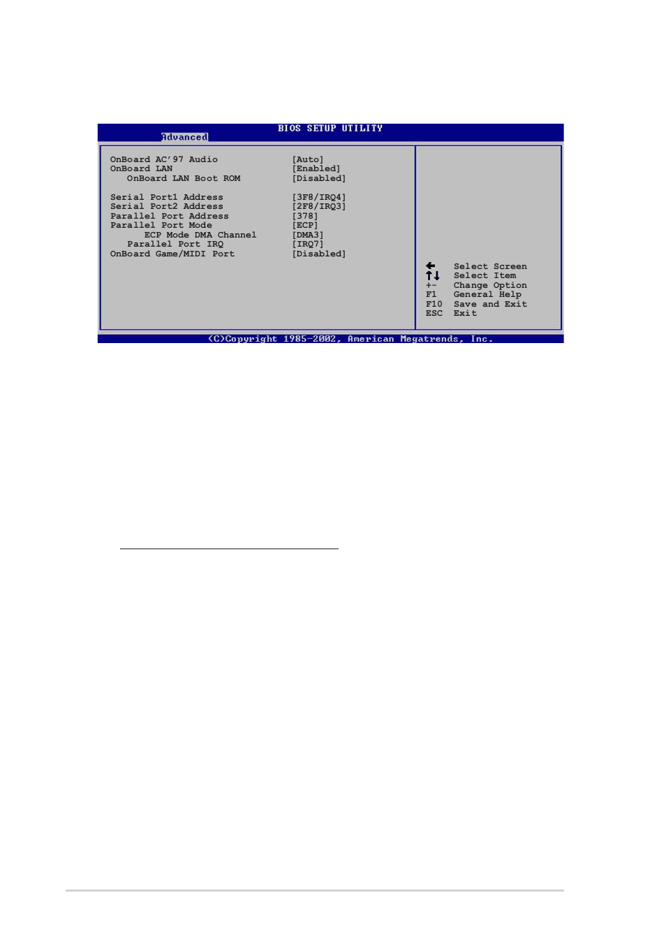 4 onboard devices configuration, Onboard ac’97 audio [auto, Onboard lan [enabled | Serial port1 address [3f8/irq4, Serial port2 address [2f8/irq3, Parallel port address [378 | Asus P4P8X SE User Manual | Page 58 / 78