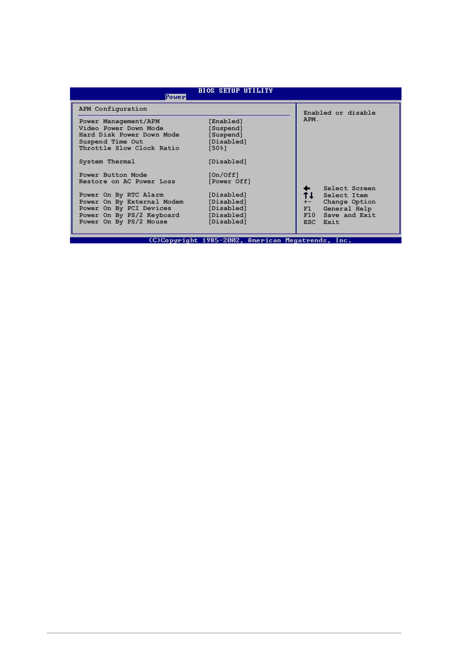 6 apm configuration, Power management/apm [enabled, Video power down mode [suspend | Hard disk power down mode [suspend, Standby time out [disabled, Suspend time out [disabled, Throttle slow clock ratio [50, System thermal [disabled | Asus P4P8X SE User Manual | Page 64 / 78