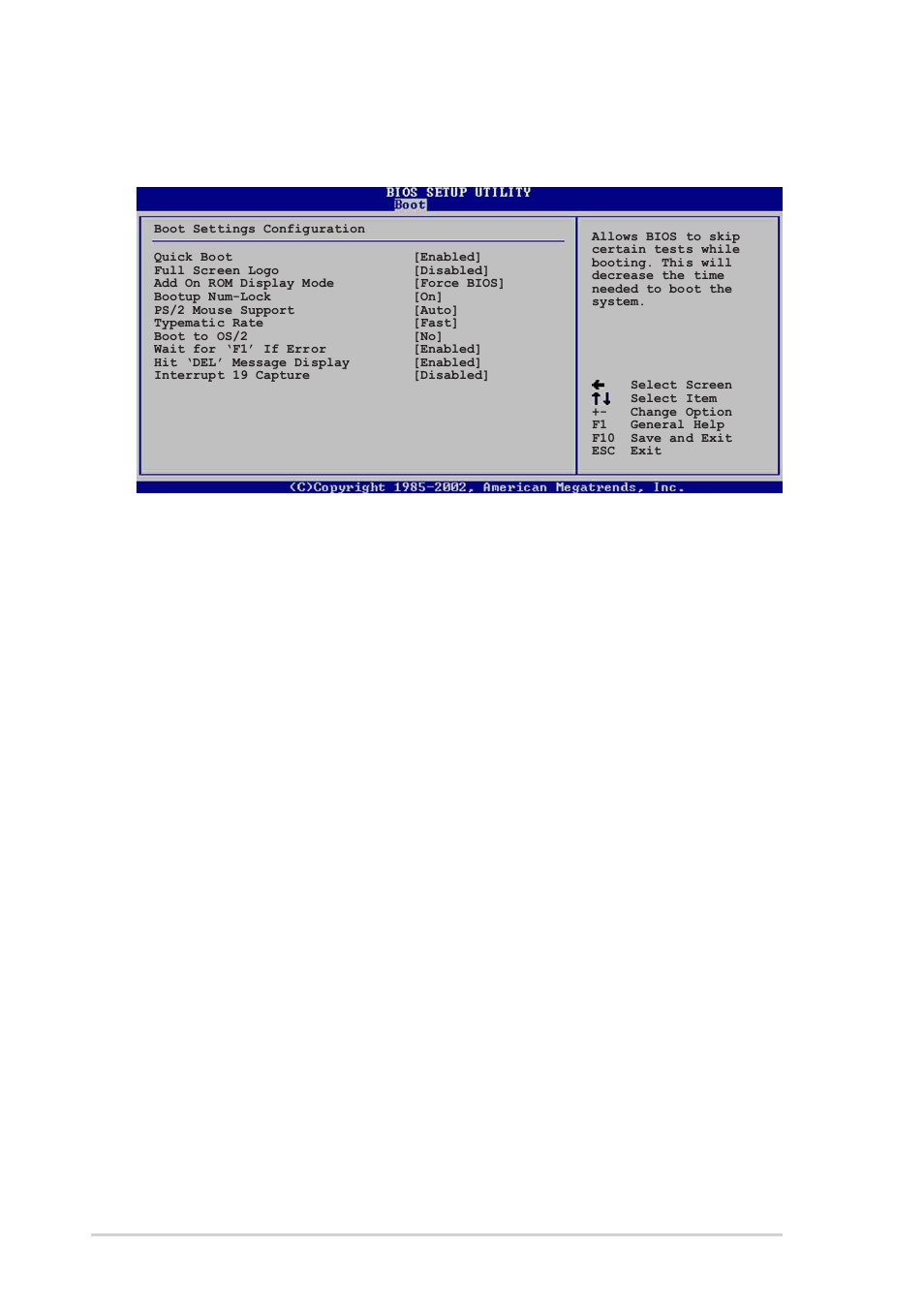 2 boot settings configuration, Quick boot [enabled, Full screen logo [disabled | Add on rom display mode [force bios, Bootup num-lock [on, Ps/2 mouse support [auto, Typematic rate [fast, Boot to os/2 [no | Asus P4P8X SE User Manual | Page 68 / 78