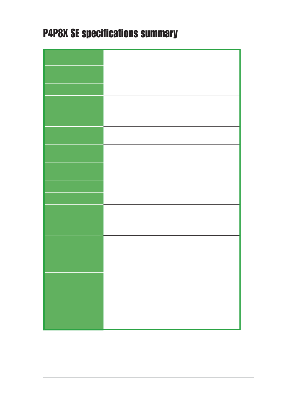 P4p8x se specifications summary | Asus P4P8X SE User Manual | Page 9 / 78