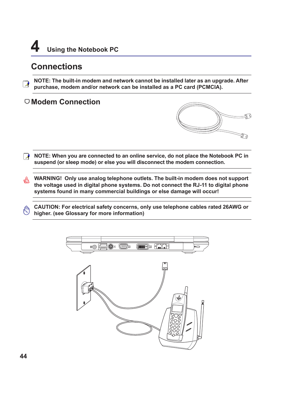 Connections, Modem connection | Asus Z99Jr User Manual | Page 44 / 71