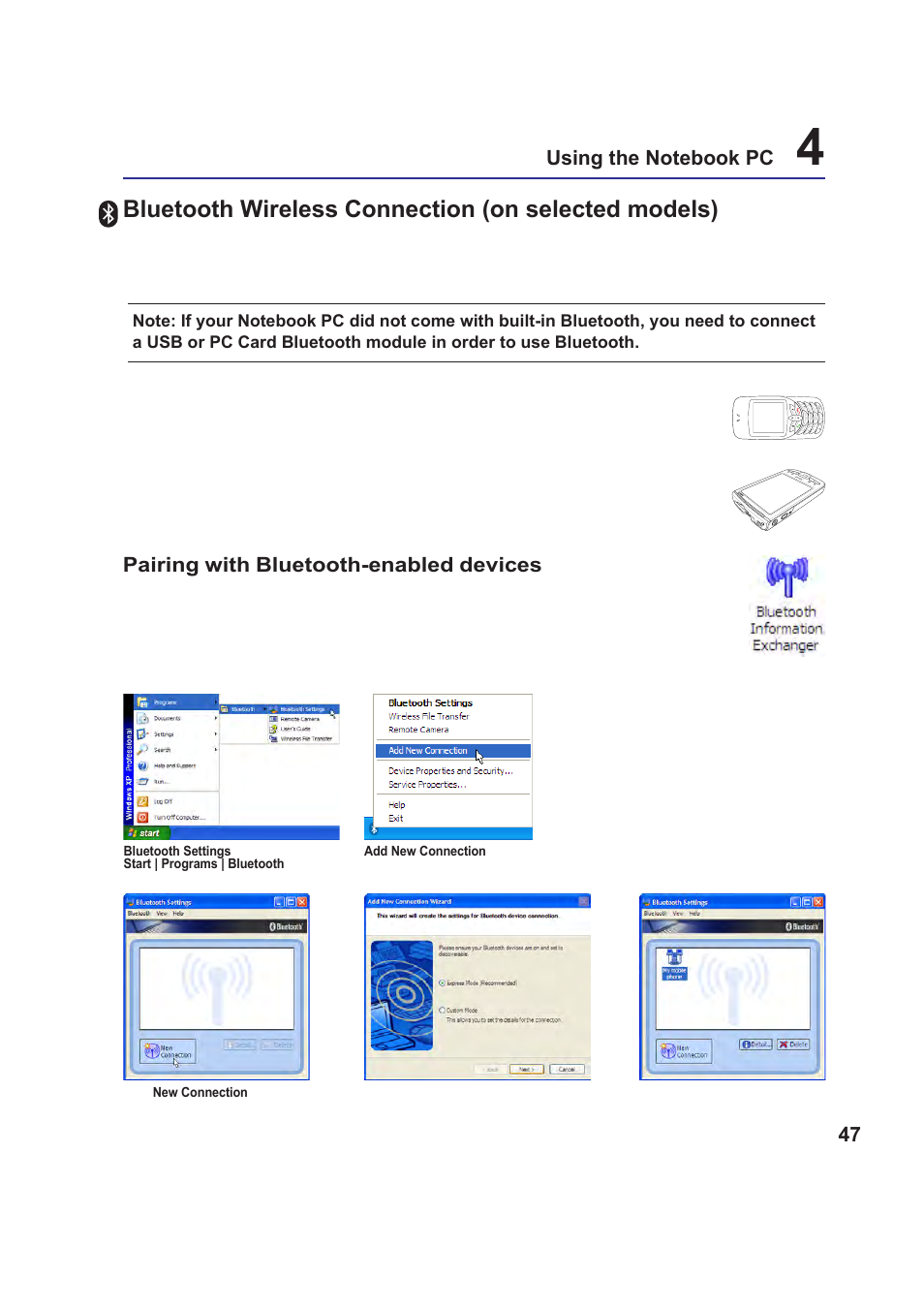 Bluetooth wireless connection (on selected models), Pairing with bluetooth-enabled devices | Asus Z99Jr User Manual | Page 47 / 71