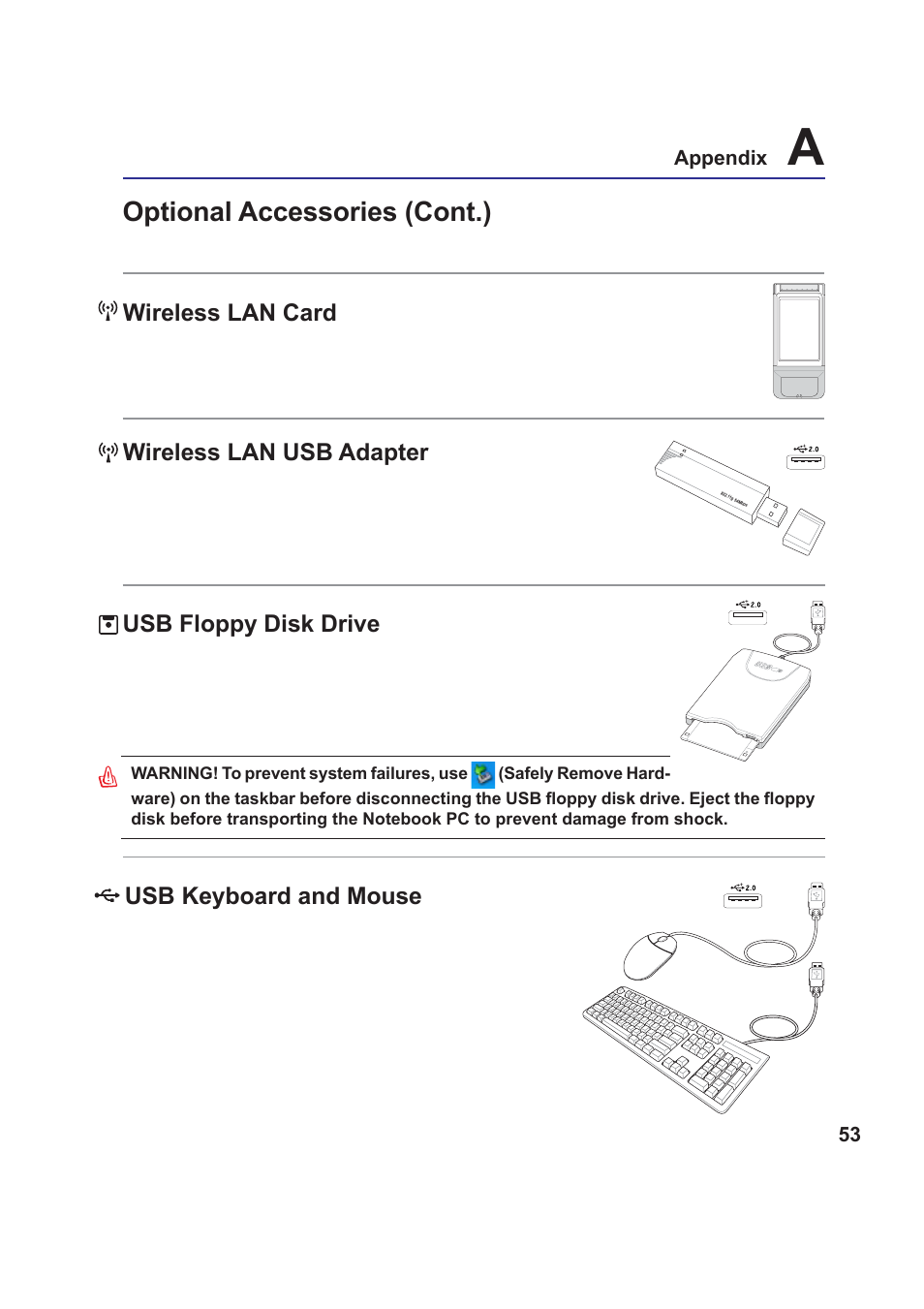 Optional accessories (cont.), Wireless lan card, Wireless lan usb adapter | Usb keyboard and mouse, Usb floppy disk drive | Asus Z99Jr User Manual | Page 53 / 71