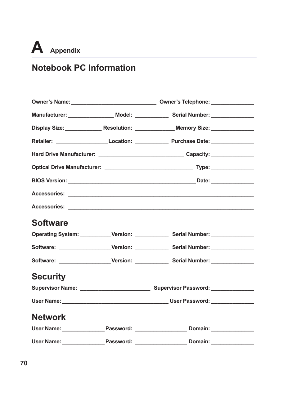 Software, Security, Network | Asus Z99Jr User Manual | Page 70 / 71