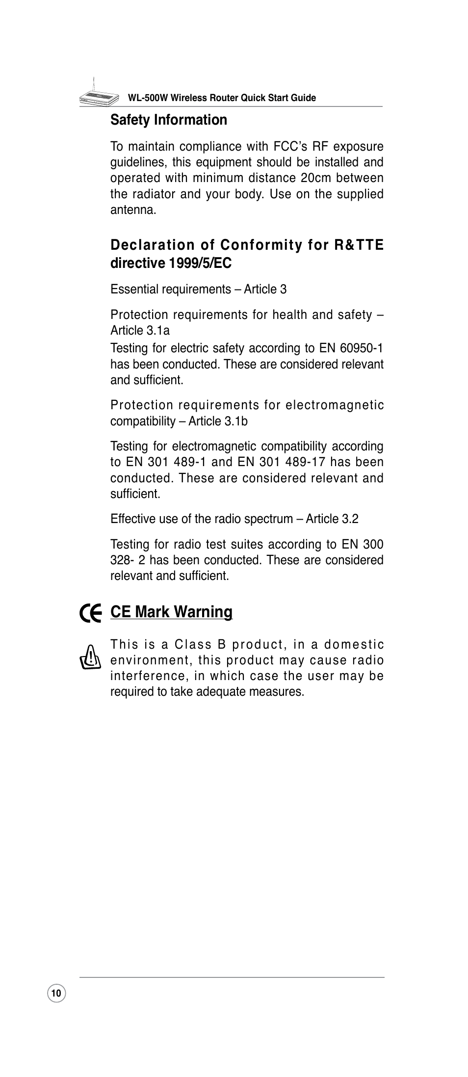 Ce mark warning | Asus WL-500W User Manual | Page 10 / 10