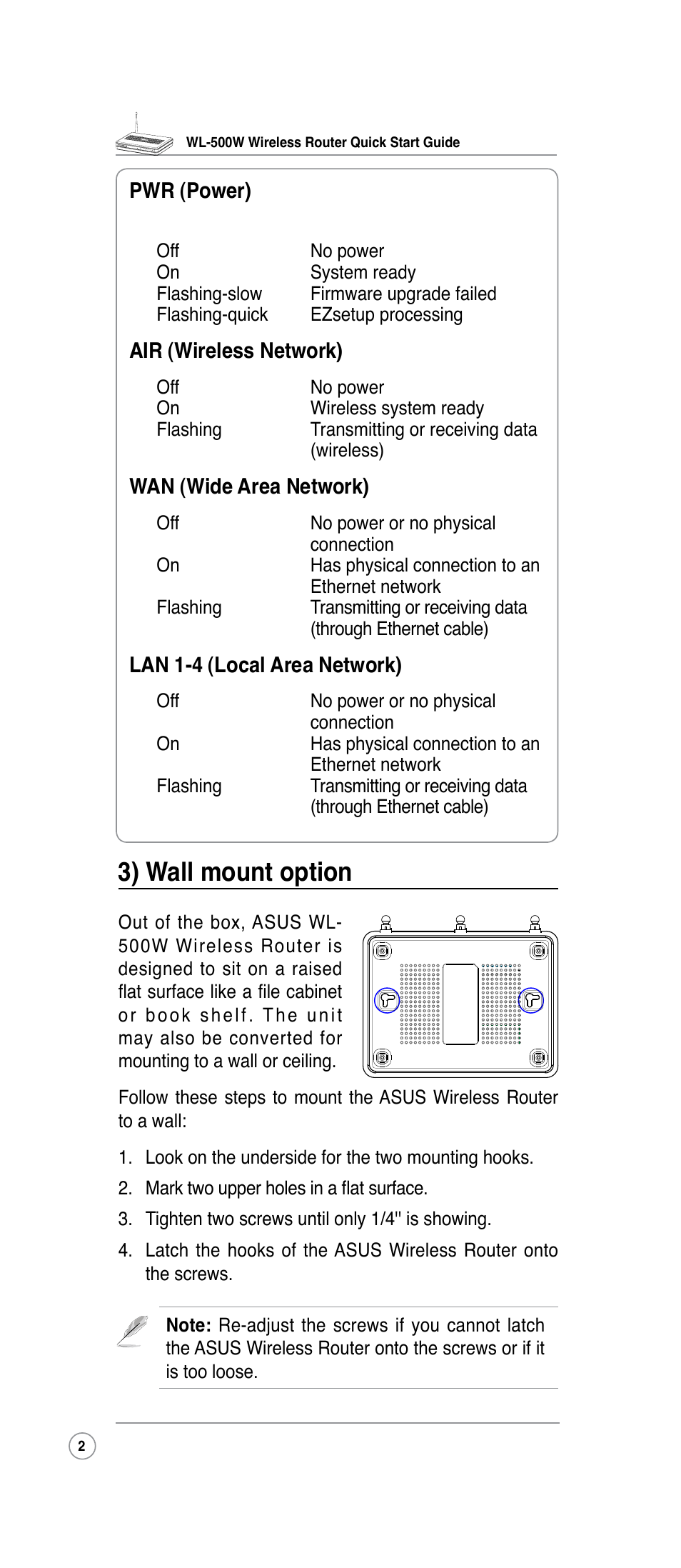 3) wall mount option | Asus WL-500W User Manual | Page 2 / 10