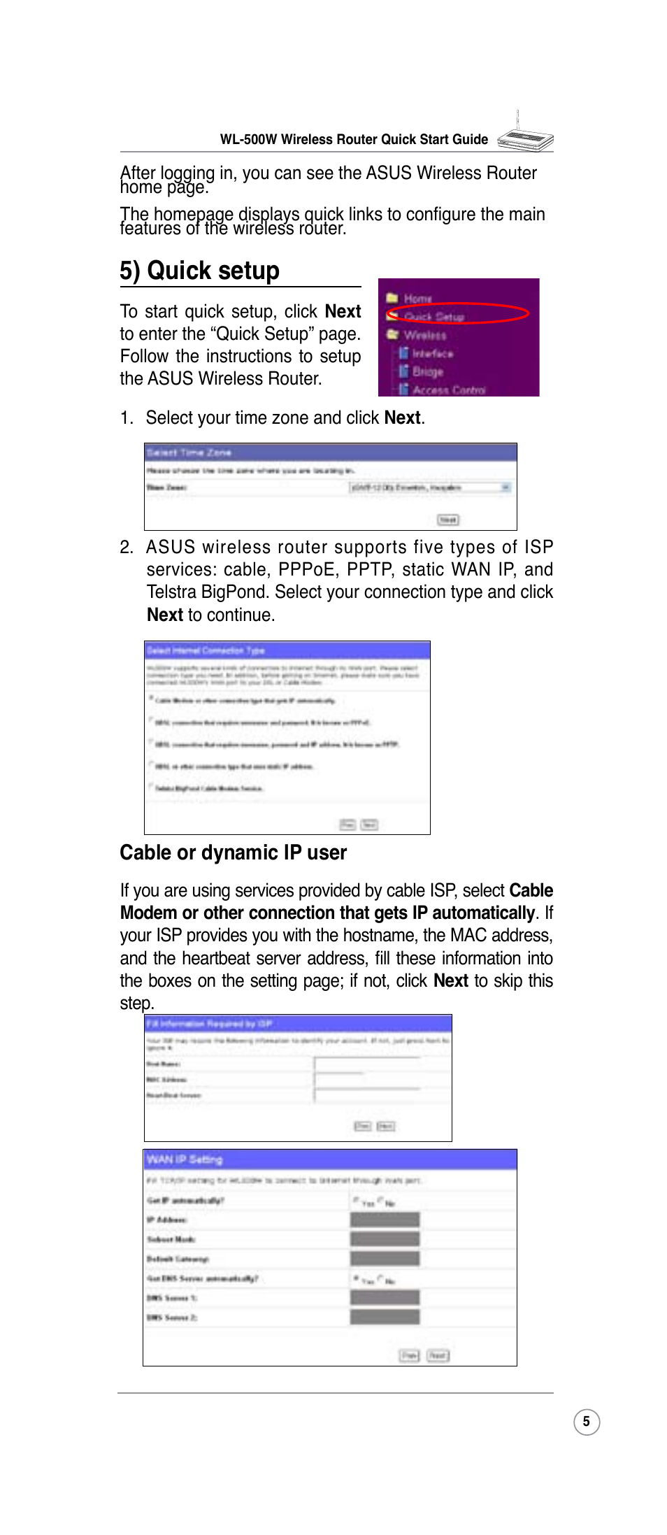 5) quick setup | Asus WL-500W User Manual | Page 5 / 10