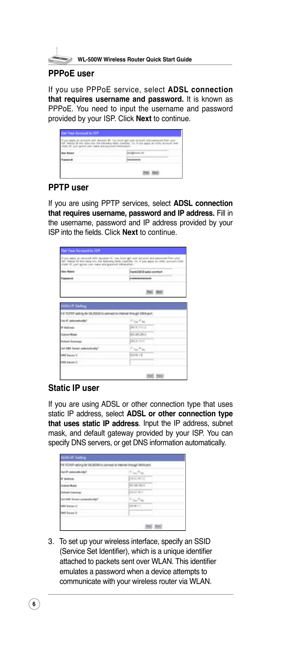 Static ip user, Pppoe user, Pptp user | Asus WL-500W User Manual | Page 6 / 10