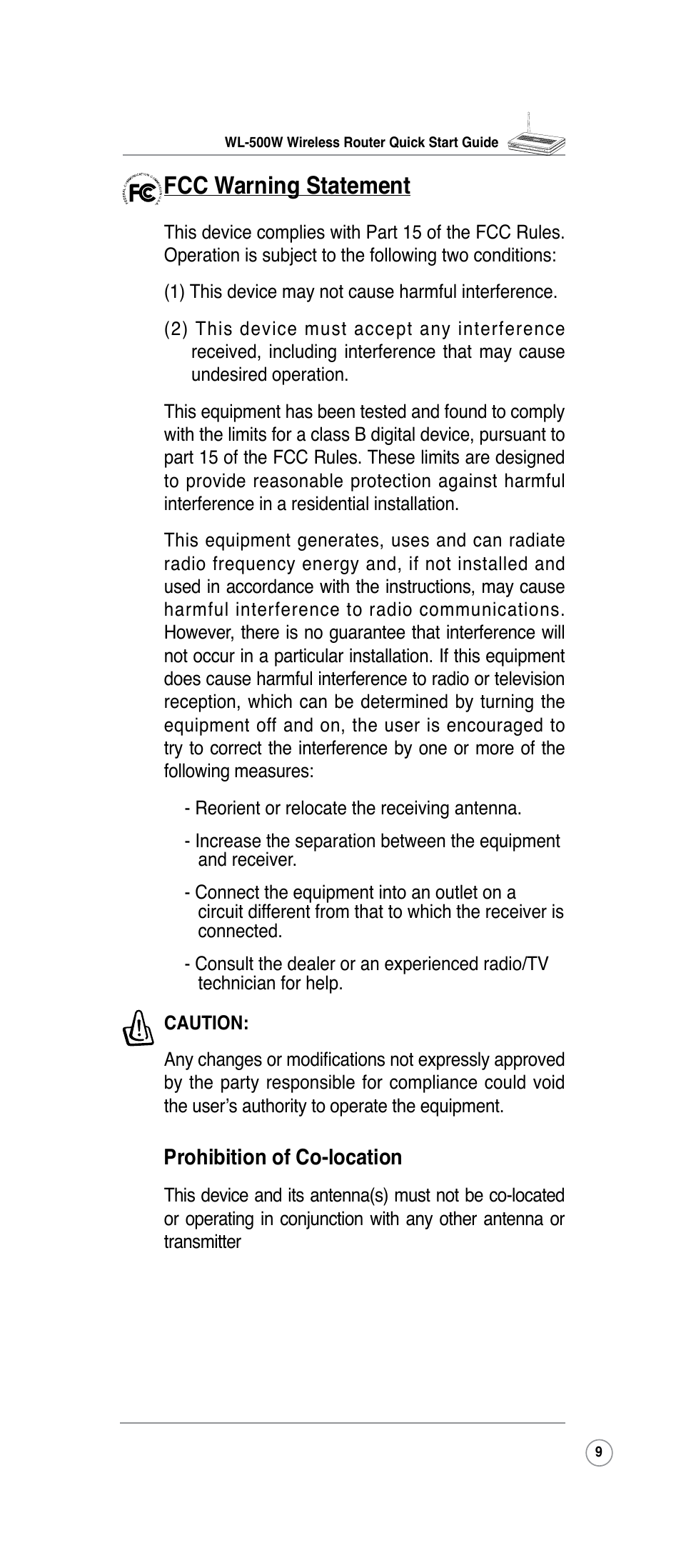 Fcc warning statement | Asus WL-500W User Manual | Page 9 / 10