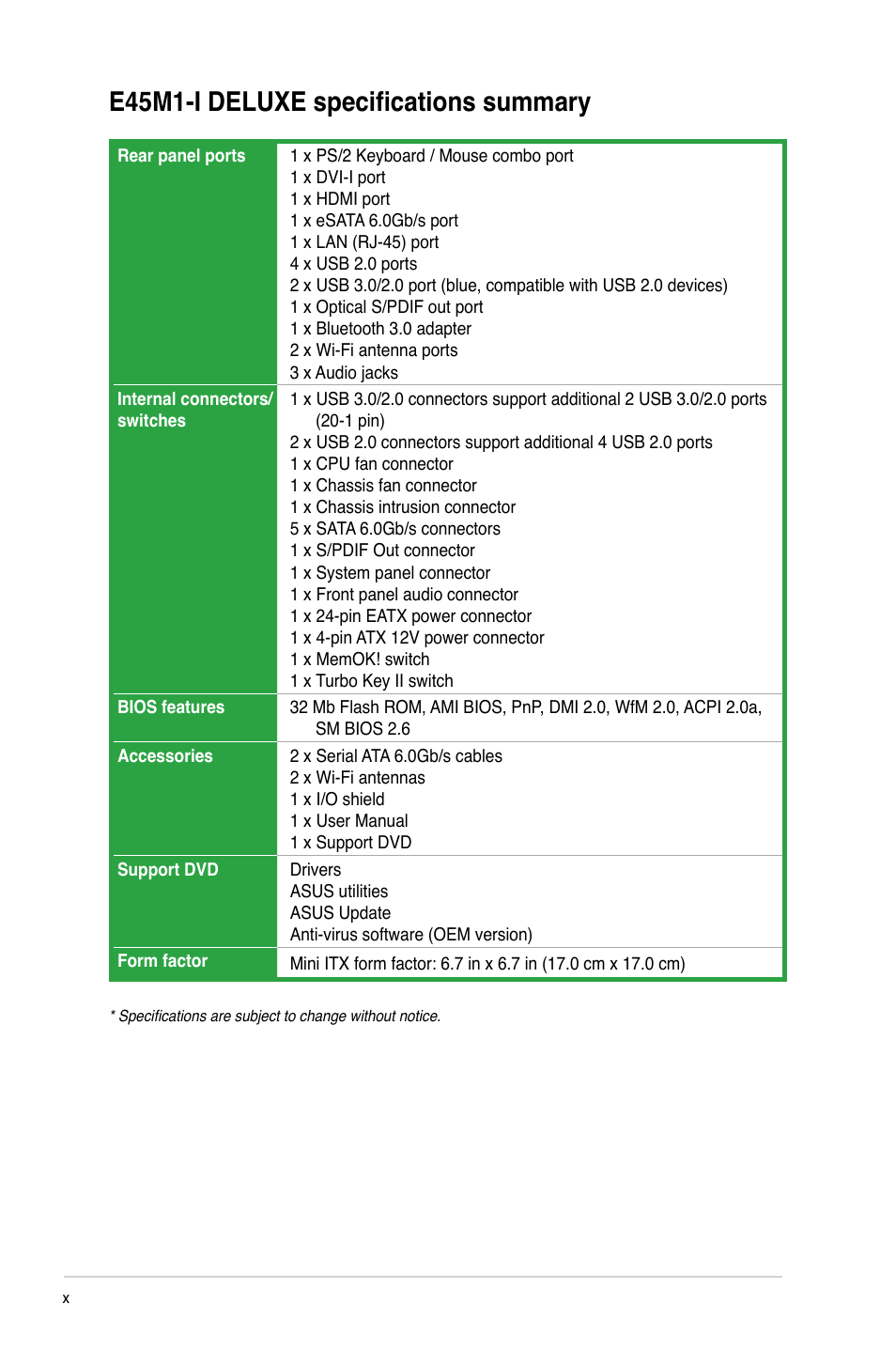 E45m1-i deluxe specifications summary | Asus E45M1-I DELUXE User Manual | Page 10 / 56