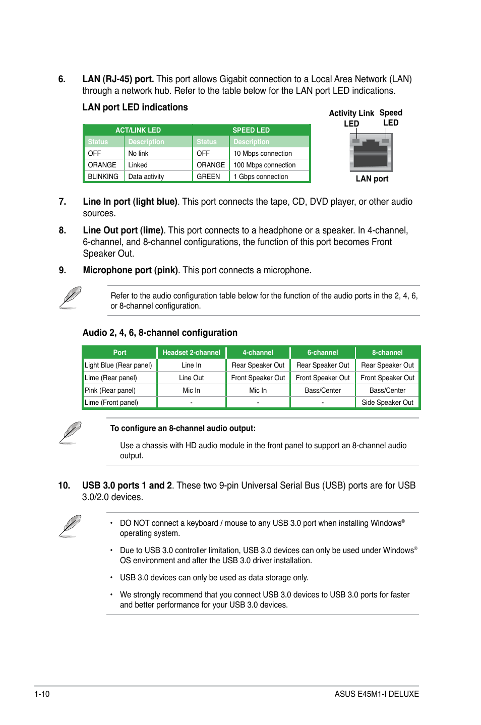 Audio 2, 4, 6, 8-channel configuration | Asus E45M1-I DELUXE User Manual | Page 20 / 56