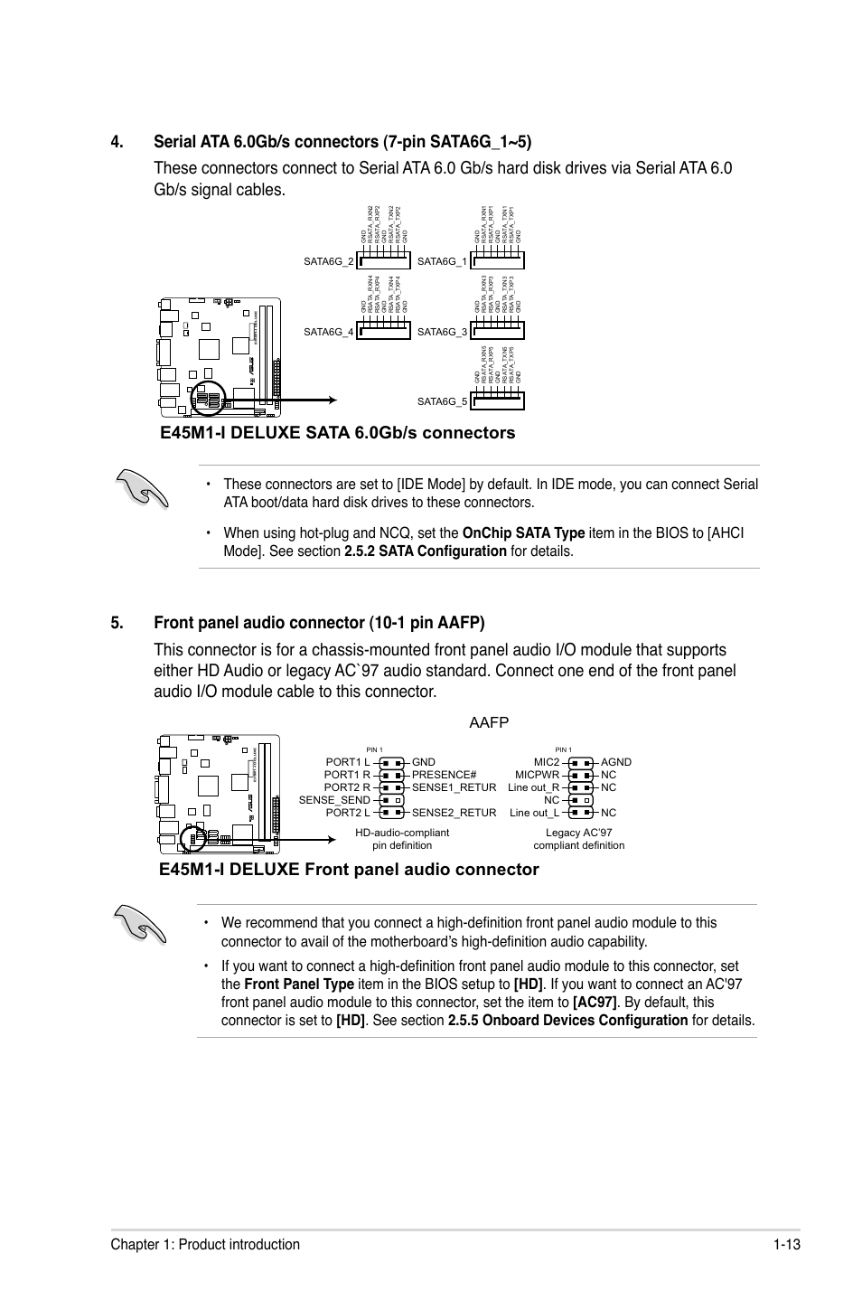 E45m1-i deluxe front panel audio connector, 13 chapter 1: product introduction, Aafp | Asus E45M1-I DELUXE User Manual | Page 23 / 56