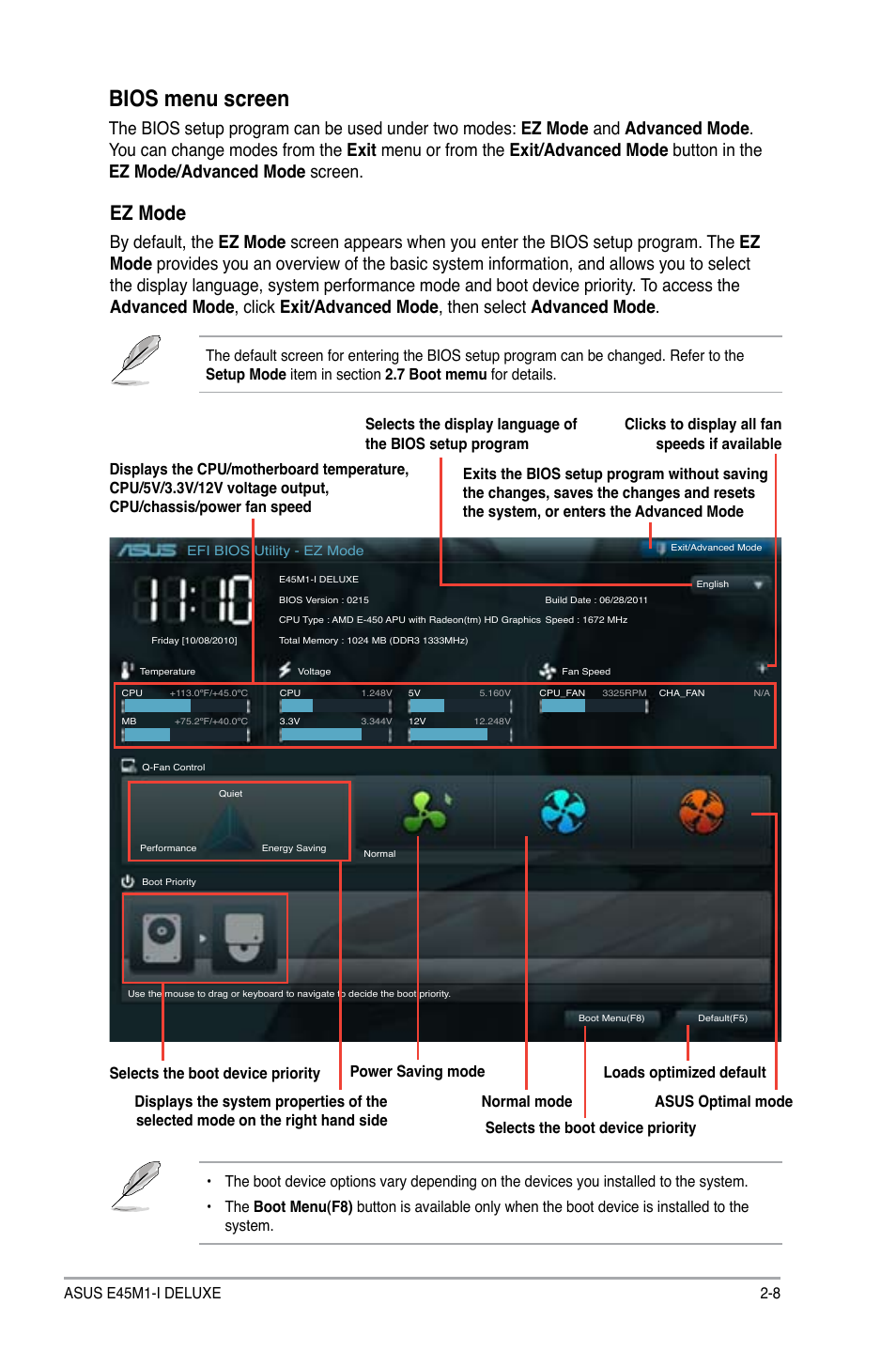 Bios menu screen, Ez mode, 8 asus e45m1-i deluxe | Asus E45M1-I DELUXE User Manual | Page 38 / 56