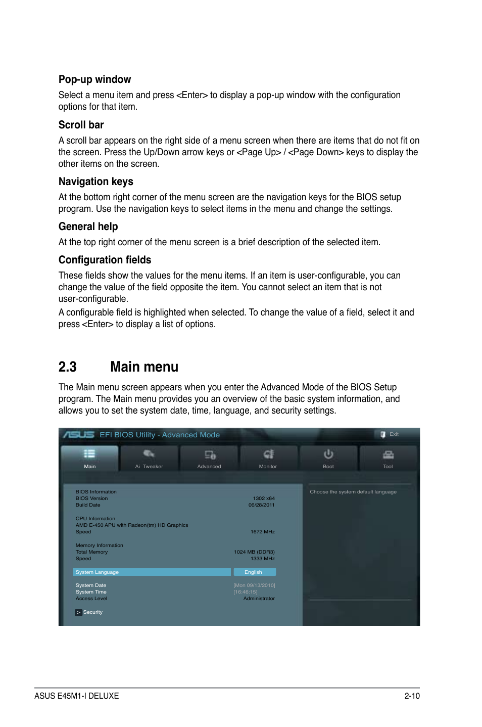 3 main menu, Pop-up window, Scroll bar | Navigation keys, General help, Configuration fields | Asus E45M1-I DELUXE User Manual | Page 40 / 56