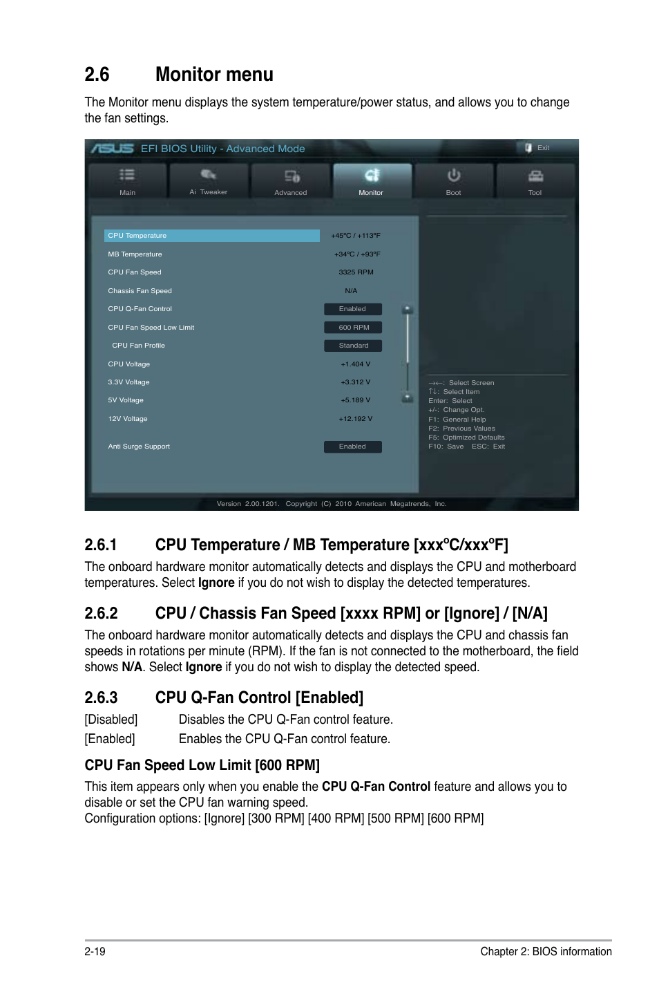 6 monitor menu, 1 cpu temperature / mb temperature [xxxºc/xxxºf, 3 cpu q-fan control [enabled | Cpu fan speed low limit [600 rpm, Chapter 2: bios information 2-19 | Asus E45M1-I DELUXE User Manual | Page 49 / 56