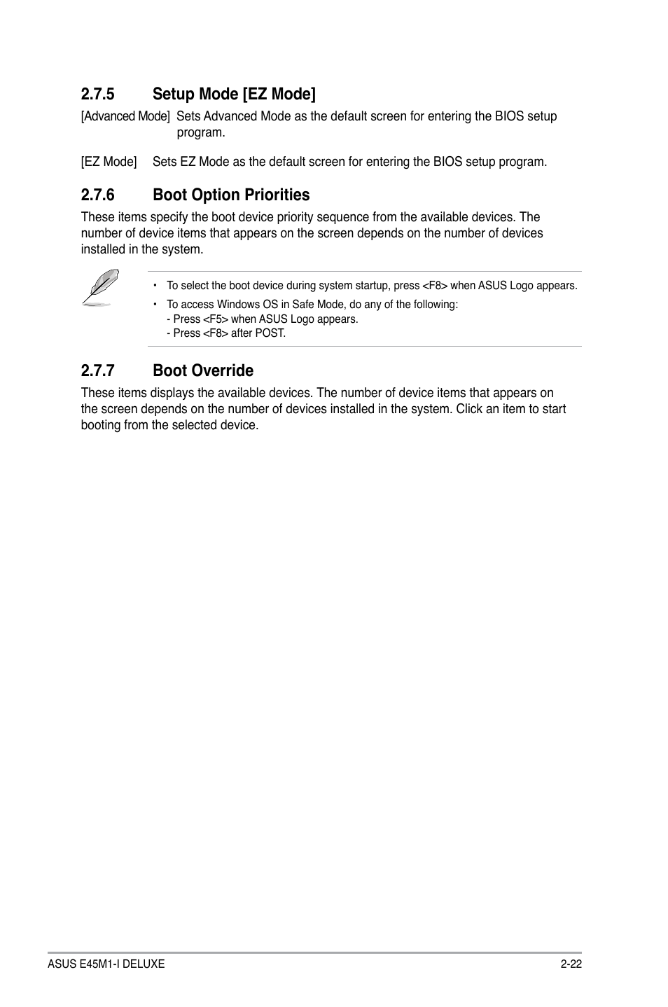 5 setup mode [ez mode, 6 boot option priorities, 7 boot override | Asus E45M1-I DELUXE User Manual | Page 52 / 56