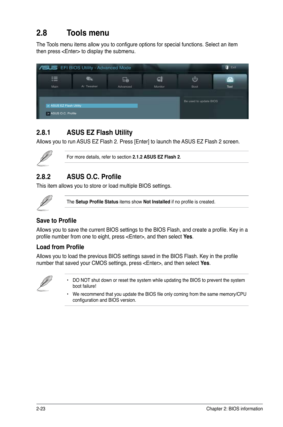 8 tools menu, 1 asus ez flash utility, 2 asus o.c. profile | Save to profile, Load from profile | Asus E45M1-I DELUXE User Manual | Page 53 / 56