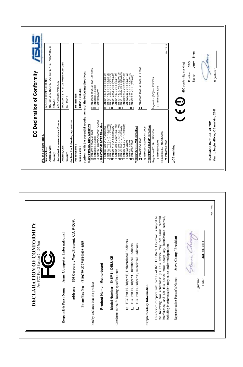 Declaration of conformity, Ec declaration of conformity, Asu s c om pu te r in te rn at io na l | Asus E45M1-I DELUXE User Manual | Page 56 / 56