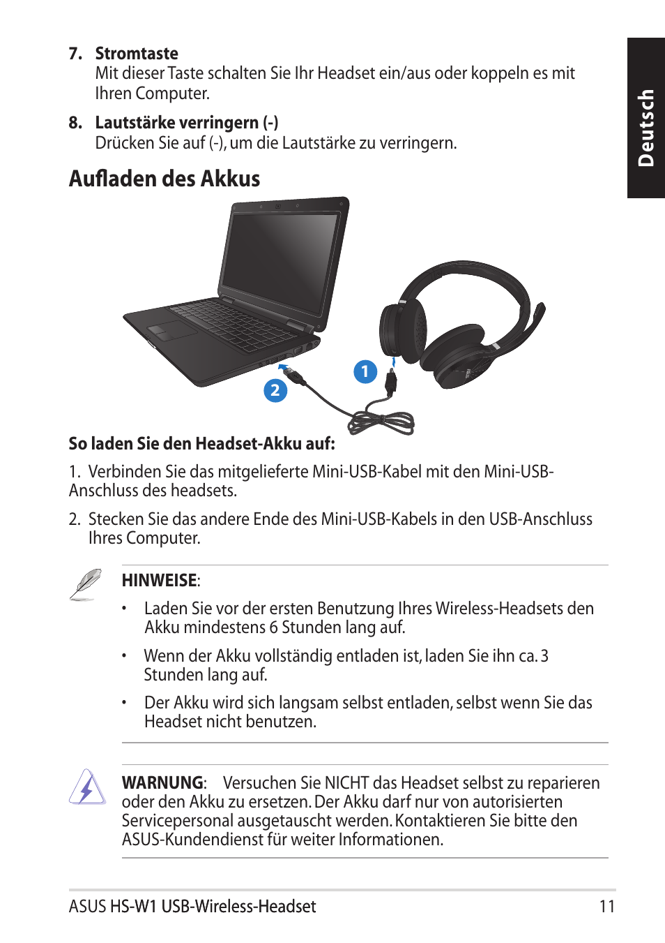 Aufladen des akkus, Deu ts ch | Asus HS-W1 User Manual | Page 11 / 81