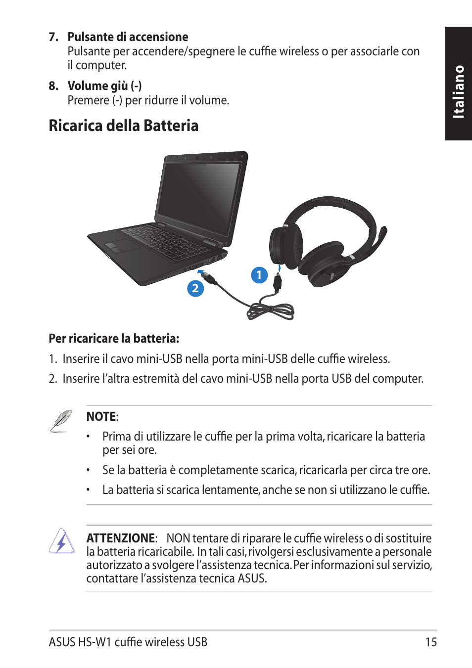 Ricarica della batteria, It al ia n o | Asus HS-W1 User Manual | Page 15 / 81