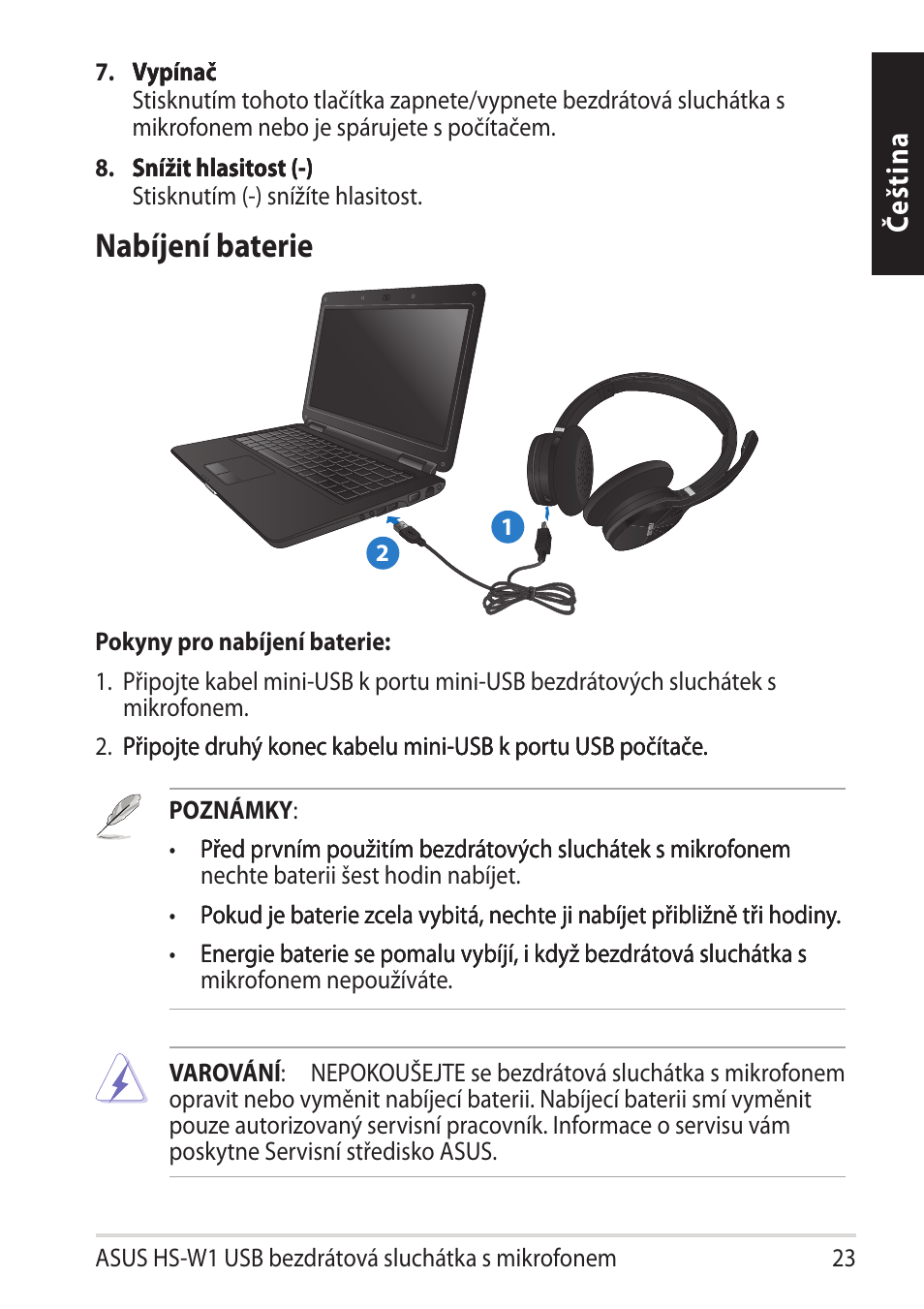 Nabíjení baterie, Če št in a | Asus HS-W1 User Manual | Page 23 / 81