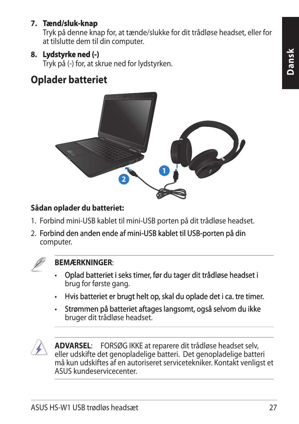 Oplader batteriet, Dan sk | Asus HS-W1 User Manual | Page 27 / 81