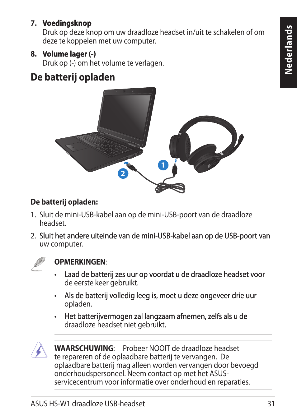 De batterij opladen, Ned er la nd s | Asus HS-W1 User Manual | Page 31 / 81