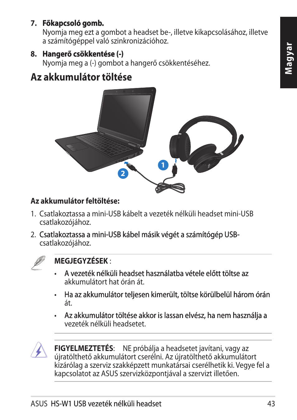 Az akkumulátor töltése, Mag ya r | Asus HS-W1 User Manual | Page 43 / 81