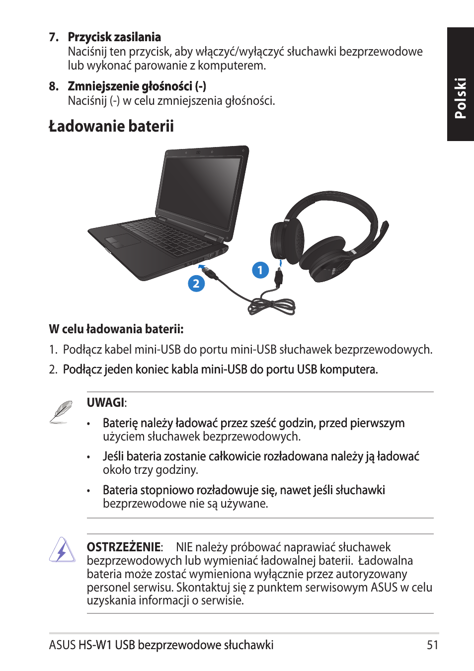 Ładowanie baterii, Po ls ki | Asus HS-W1 User Manual | Page 51 / 81